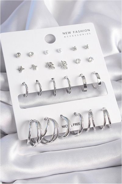 Toptan Bulurum Brass Silver Color Zircon Stone Detailed 12 Pairs Women's Earring Set - Tj-Bkp9681
