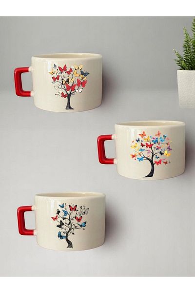 lili hediyelik Butterfly Tree Printed 3-Piece Ceramic Mug