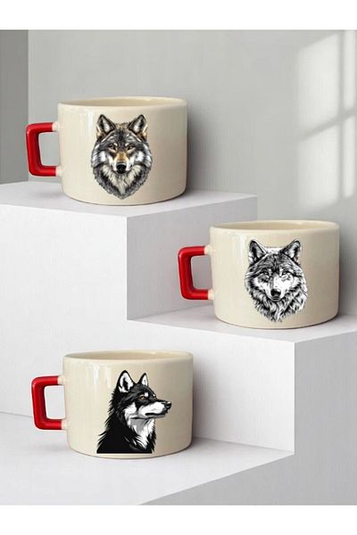 lili hediyelik Wolf Printed 3-Piece Ceramic Mug