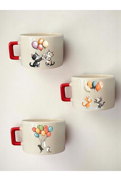 lili hediyelik Balloon Cat Printed 3-Piece Ceramic Mug