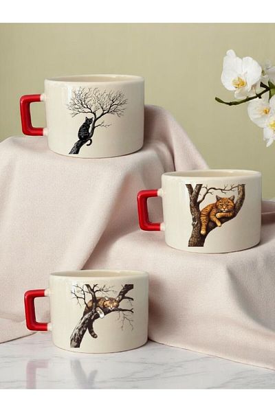 lili hediyelik Cat on the Tree Printed 3-Piece Ceramic Mug
