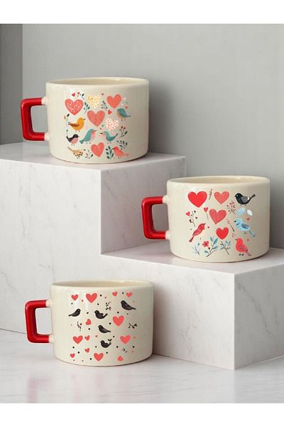 lili hediyelik Heart Bird Printed 3-Piece Ceramic Mug