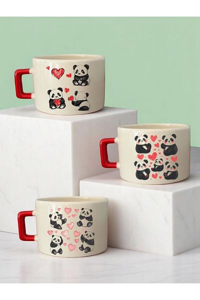 lili hediyelik Heart and Panda Printed 3-Piece Ceramic Mug
