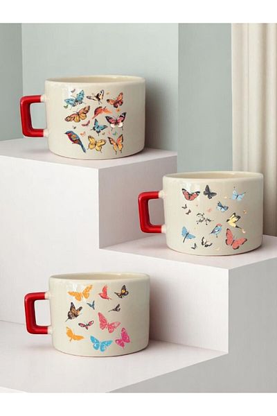 lili hediyelik Butterfly Printed 3-Piece Ceramic Mug