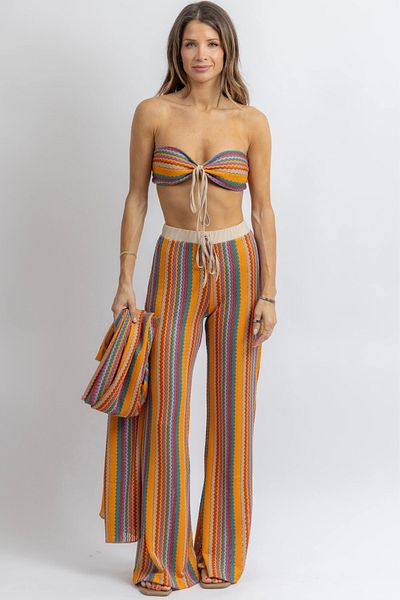 FASHION COCKTAIL 1970S Wave Striped Phosphor Colored Neck Back Tie Crop Pants Lycra Stretchy Summer Suit