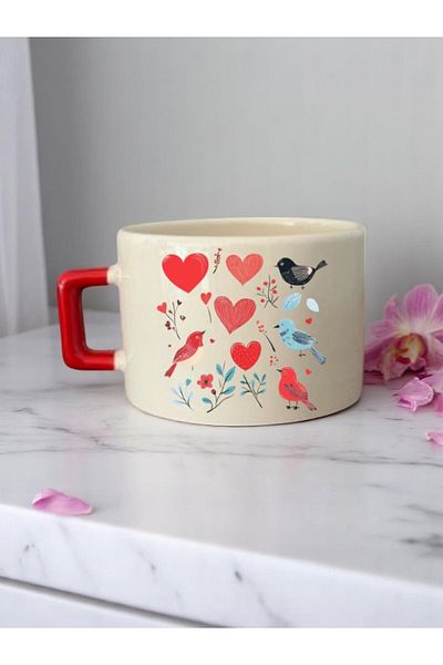 lili hediyelik Heart Bird Printed 3-Piece Ceramic Mug