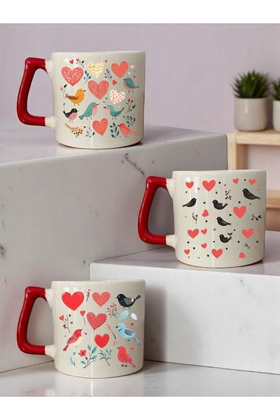 lili hediyelik Hearted Birds Printed 3-Piece Red Handled Coffee Cup Mug