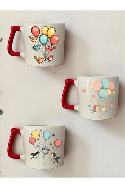 lili hediyelik Balloon Bird Printed 3-Piece Red Handled Coffee Cup Mug