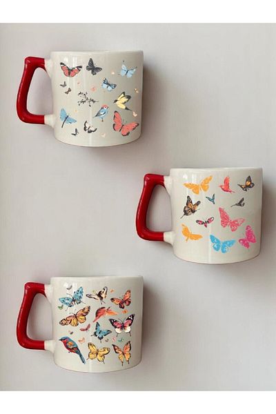 lili hediyelik Butterfly Printed 3-Piece Red Handled Coffee Cup Mug