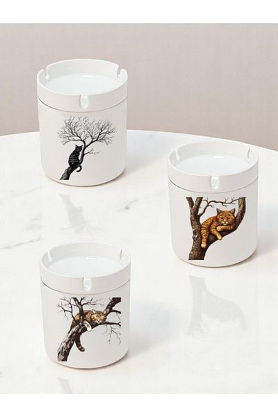 lili hediyelik Cat on the Tree Printed 3-Piece Ceramic Ashtray Ash Tray