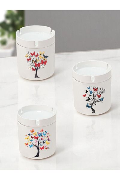 lili hediyelik Butterfly Tree Printed 3-Piece Ceramic Ashtray Ash Tray