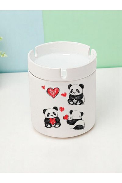 lili hediyelik Panda and Heart Printed 3-Piece Ceramic Ashtray Ash Tray