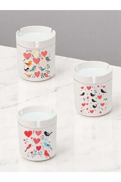 lili hediyelik Hearts and Bird Printed 3-Piece Ceramic Ashtray Ash Tray