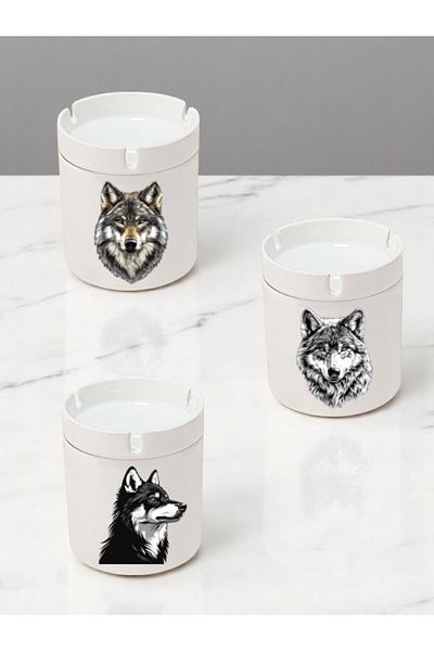 lili hediyelik Wolf Printed 3-Piece Ceramic Ashtray Ash Tray