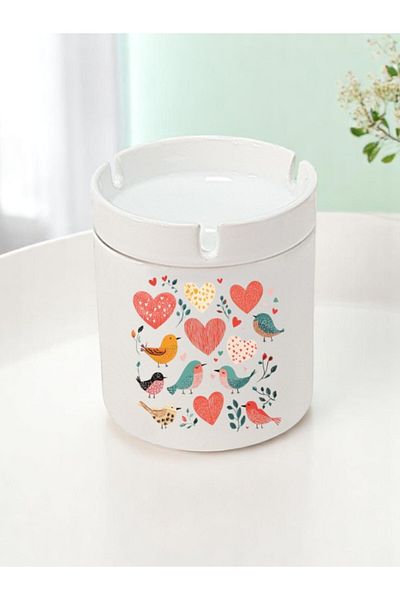 lili hediyelik Hearts and Bird Printed 3-Piece Ceramic Ashtray Ash Tray