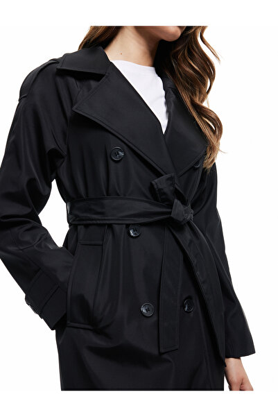 Koton Cepli Uzun Kollu Kemerli Kruvaze Uzun Gabardin Trençkot