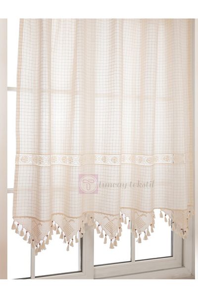TUNCAY TEKSTİL Buldan Work Authentic Curtain Monika Hand Lace Natural Linen Woven Curtain