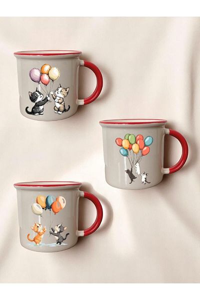 lili hediyelik Balloon Cats Printed 3-Piece Red Ceramic Mug Cup Coffee Cup