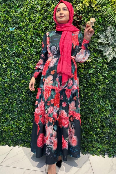 Cashmere Moda Women'S, Patterned, Long Sleeve, Buttoned, Flared, Full Length Long Dress