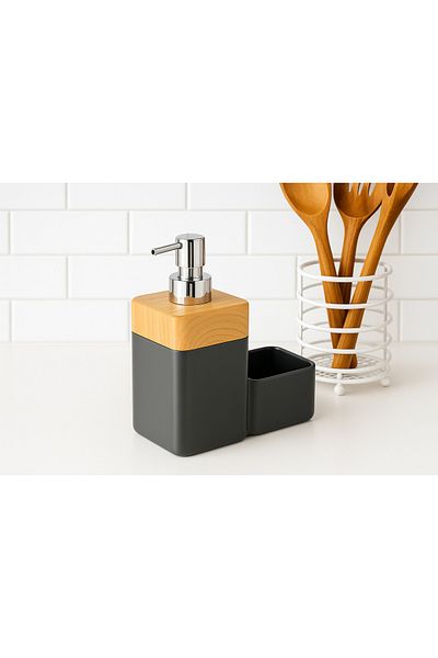 ECO KİTCHEN Wooden Look Liquid Soap Dispenser, Detergent Dispenser, Sponge Tank, Kitchen Liquid Soap Dispenser