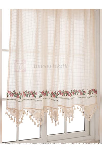 TUNCAY TEKSTİL Red Cross Stitched Buldan Work Cross Stitch Hand Lace Canvas Linen Curtain
