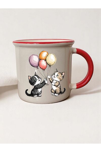 lili hediyelik Balloon Cats Printed 3-Piece Red Ceramic Mug Cup Coffee Cup