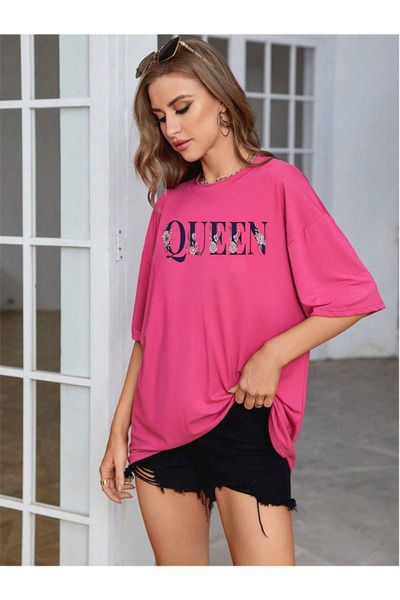FECCY Γυναικείο ροζ μπλουζάκι Oversize με φλοράλ στάμπα Queen
