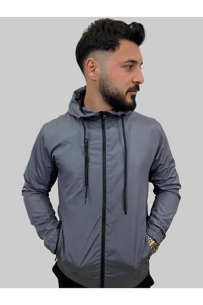 Booss Milano Men's Hooded Finish Detailed Smoked Raincoat