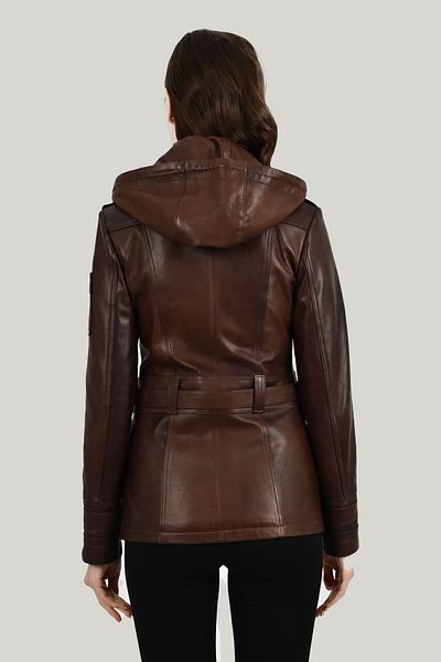 ALİN Sansa Women's Hooded Wax Brown Genuine Leather Jacket Size Measurements Visual