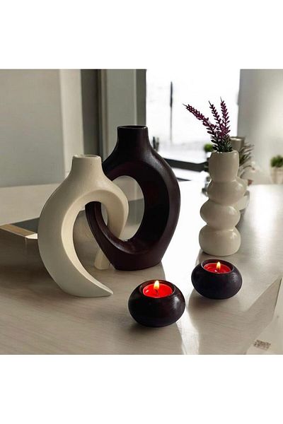 The Motellas Decorative Cream/Brown Design Object Set of 2 Vase Candle Holders – Large Size | Living Room, Office, Home Decoration