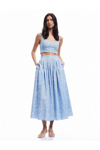 Koton Cotton Lined Brodeled Pleated Scallop Long Floral Flared Skirt