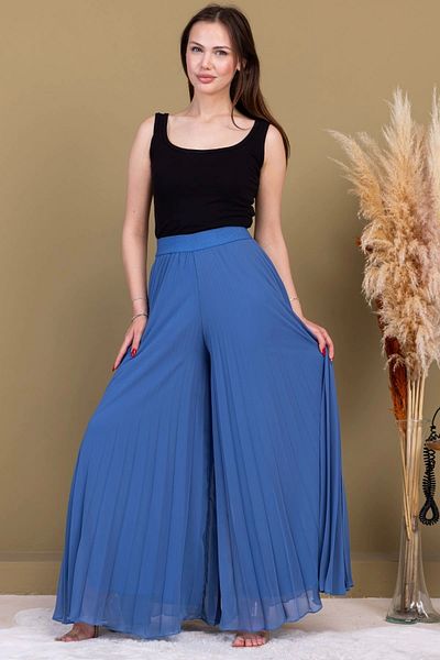 lodmela Elastic Waist Pleated Chiffon Trousers 6030-Indigo
