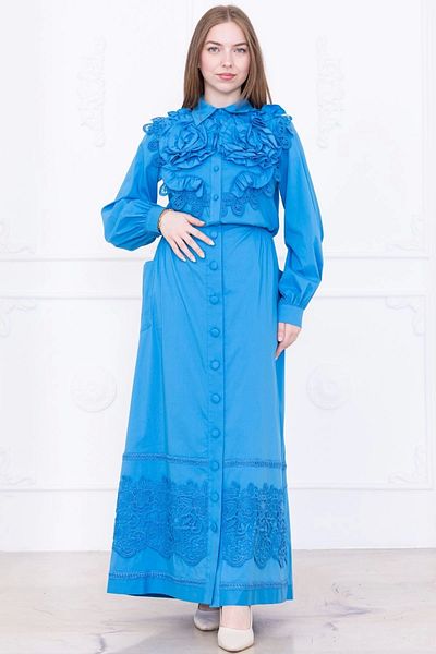 lodmela Rose Design and Lace Detail Cotton Double Suit 4710-Blue