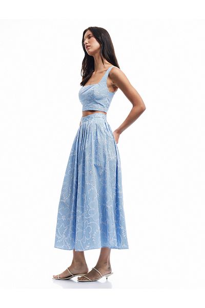 Koton Cotton Lined Brodeled Pleated Scallop Long Floral Flared Skirt