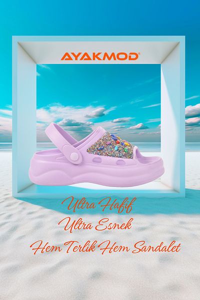 AYAKMOD Lilac Embroidered Lightweight Eva Women's Sabo Stone Slippers E-800 Z