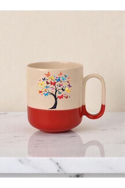 lili hediyelik Butterfly Tree Printed 3-Piece Red Base Ceramic Mug Cup Gift Coffee Mug