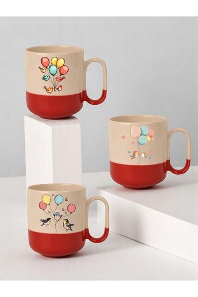lili hediyelik Balloons Birds Printed 3-Piece Red Base Ceramic Mug Cup Gift Coffee Cup