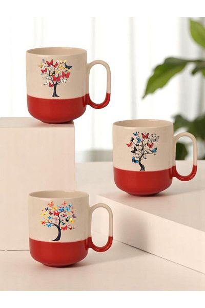 lili hediyelik Butterfly Tree Printed 3-Piece Red Base Ceramic Mug Cup Gift Coffee Mug