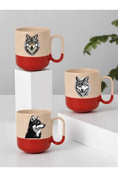 lili hediyelik Wolf Printed 3-Piece Red Base Ceramic Mug Cup Gift Coffee Mug