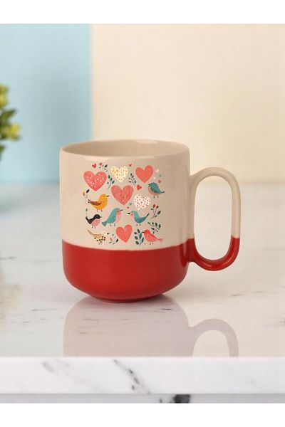 lili hediyelik Hearts and Birds Printed 3-Piece Red Base Ceramic Mug Cup Gift Coffee Cup