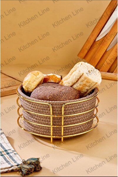 Kitchen Line Stylish Bread Basket Bread Basket with Gold Detail, Brown Wicker Knitted Basket