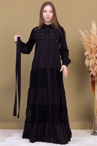 lodmela Cotton Dress with Chest Embroidery Detail 2703-Black
