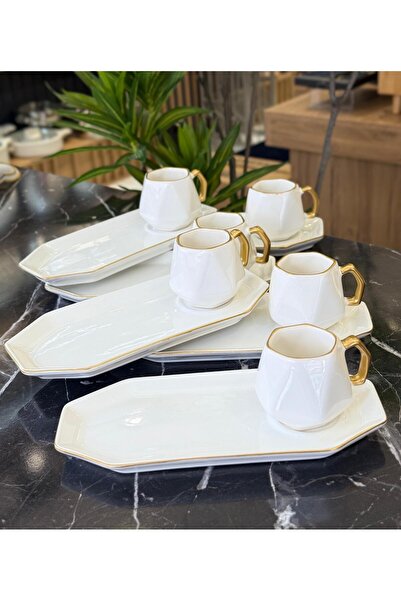 Onedekor 6'lı Ayda Sunum Tabaklı Kahve Fincanı Beyaz