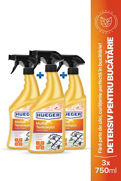 Hueger Vegan Kitchen Cleaner – Powerful Oil and Dirt Remover Set of 3 with Foam & Spray Head, 2250 ml