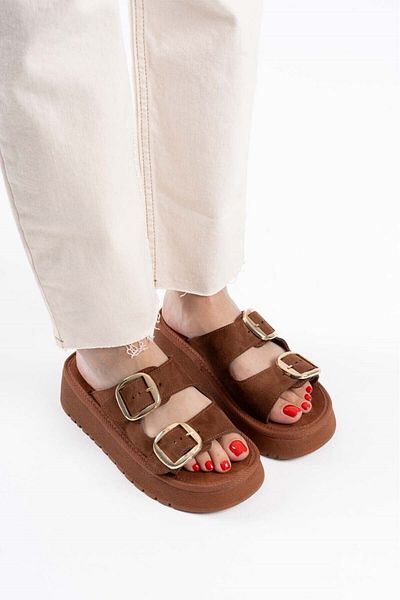 marceline Women's Tan Suede Buckle Women's Orthopedic Sole Platform Slippers Sandals