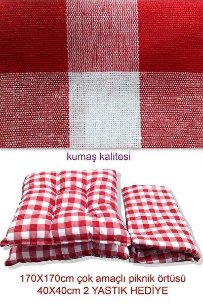 Genel Markalar Kumru Çeyiz Günbatımı Piknik Seti Kırmızı Piknik Örtüsü Masa Örtü 2 Minder Hediyeli (40X40CM) 120cm