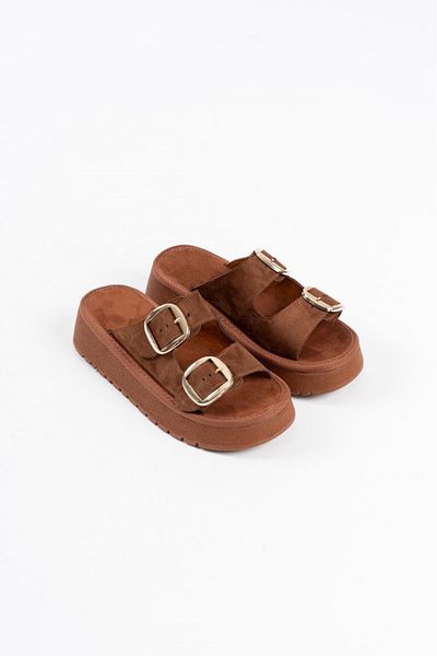 marceline Women's Tan Suede Buckle Women's Orthopedic Sole Platform Slippers Sandals
