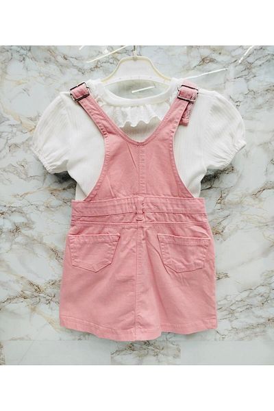 XORVİO Pocketed Girl Salmon Color 2-Piece Suit Short Sleeve T-Shirt Adjustable Strap Salopet Butterfly Pattern Dress