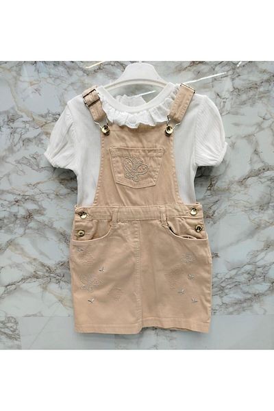 XORVİO Girl's Beige 2-Piece Set with Pockets Short Sleeve T-Shirt Adjustable Strap Salopet Butterfly Pattern Dress