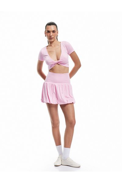 Koton V-Neck Gather Detailed Modal Blend Crop Sports T-Shirt